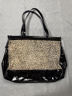 Vintage Bullocks Leopard Print Calf Hair Black Patent Leather Large Tote Italy